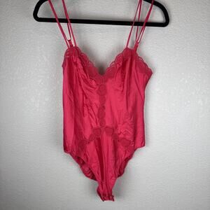 Halston Formfit Vintage Satin Lace Teddy Bodysuit Size 34 S Hot Pink Nylon
